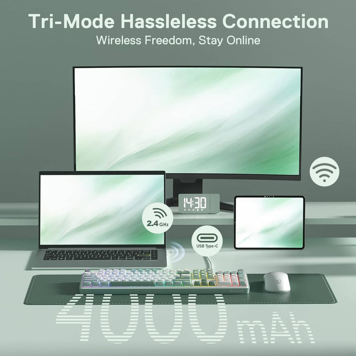 Wireless gaming keyboard with tri-mode connection and USB-C link shown