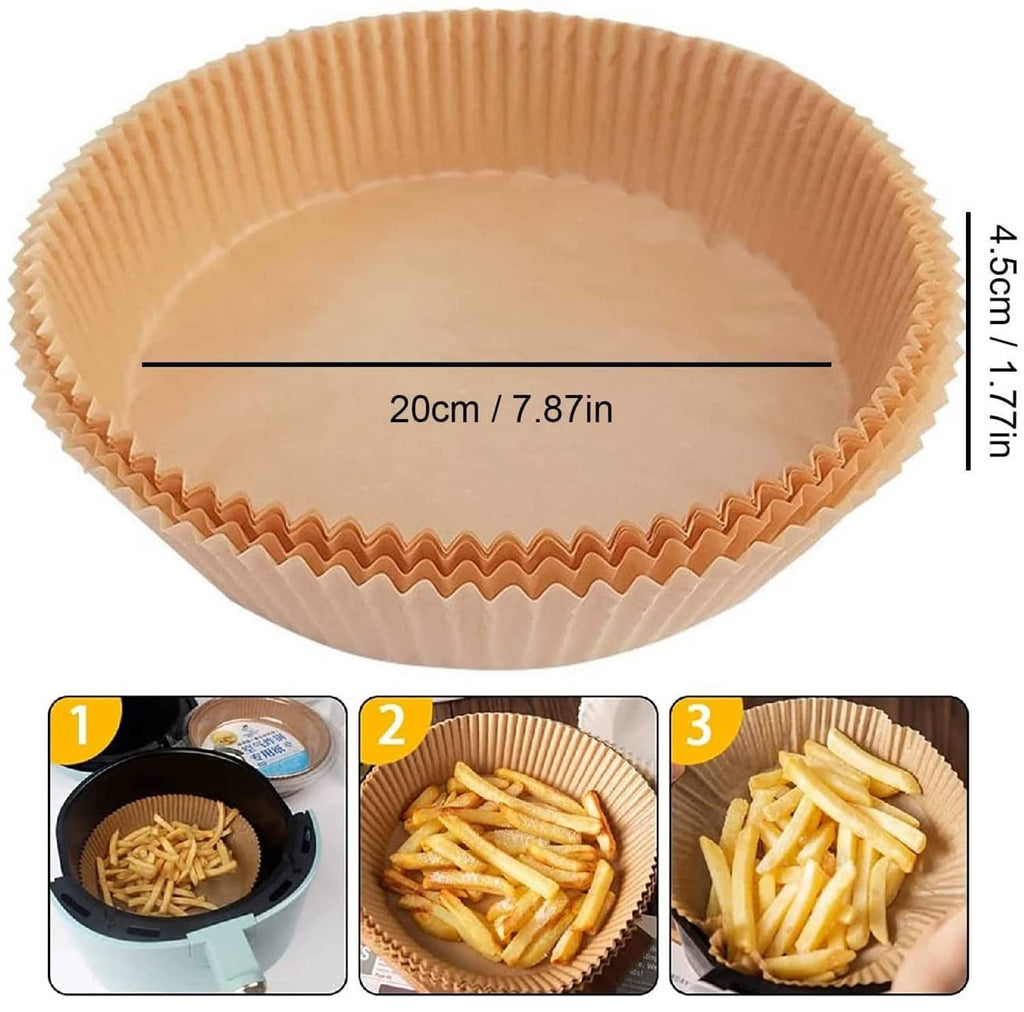 Round kraft paper air fryer liner with size markings, disposable nonstick cup