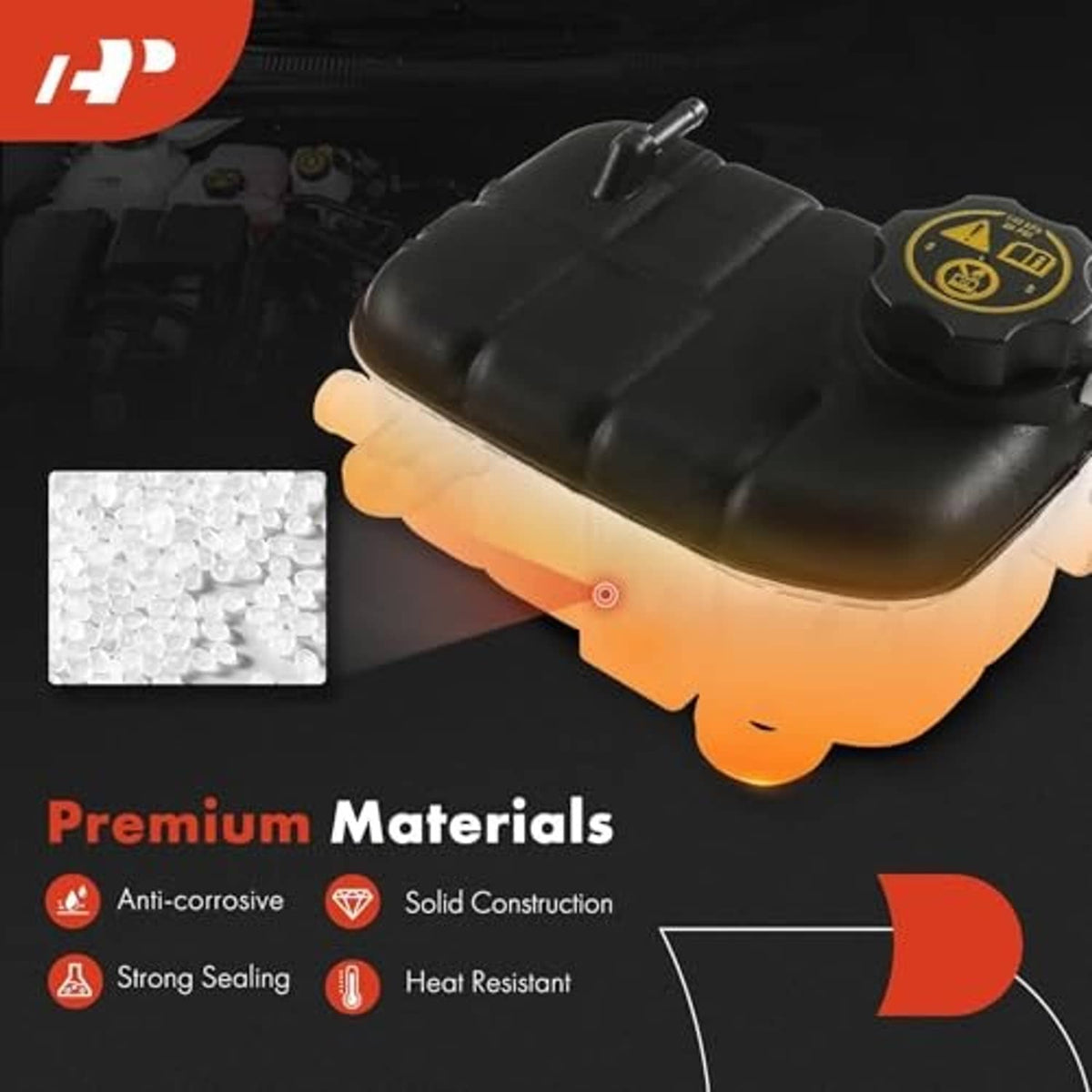 Engine coolant reservoir tank with black cap and white expansion reservoir