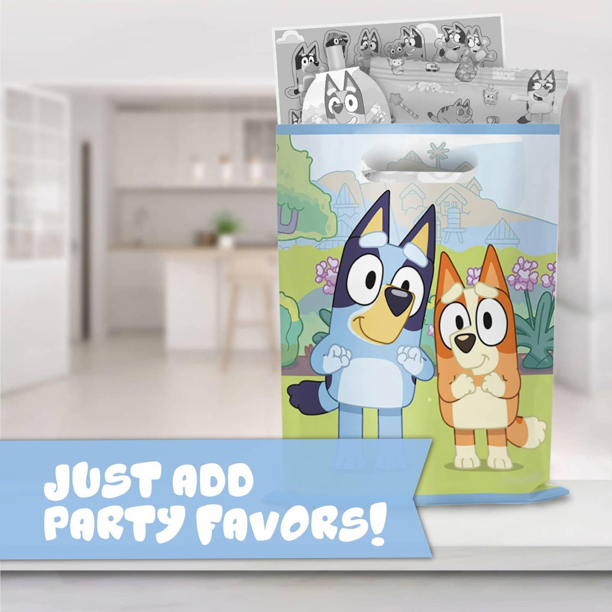 Bluey loot bag with character artwork, 'Just add party favors!' banner
