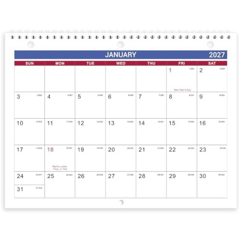 Spiral-bound January 2027 calendar page with 2027 date header and weekly rows.