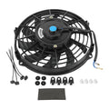 Black 12V slim radiator cooling fan with blue center cap and mounting hardware kit