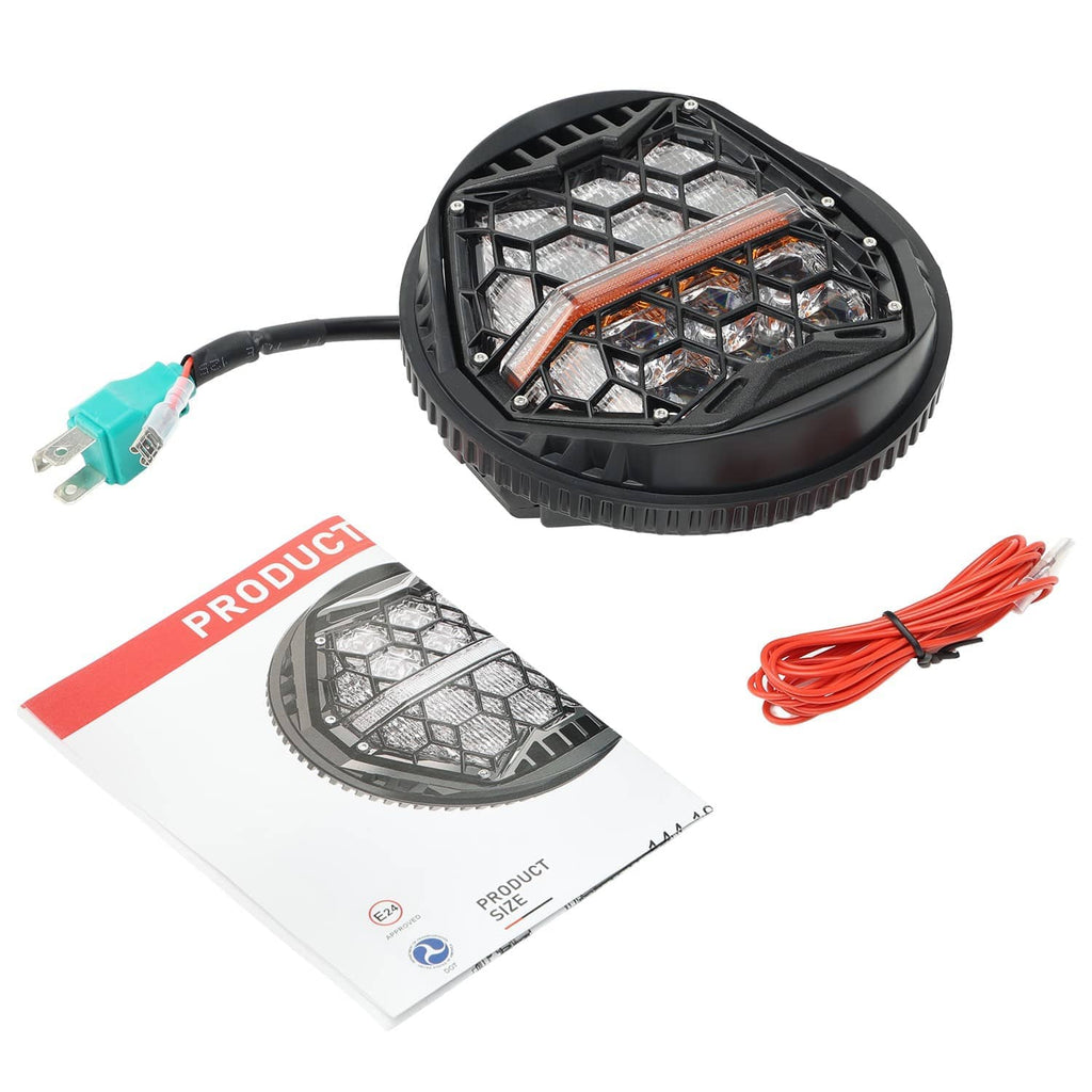 Round LED headlight with black housing, open lens pattern, turquoise connector, and red cable