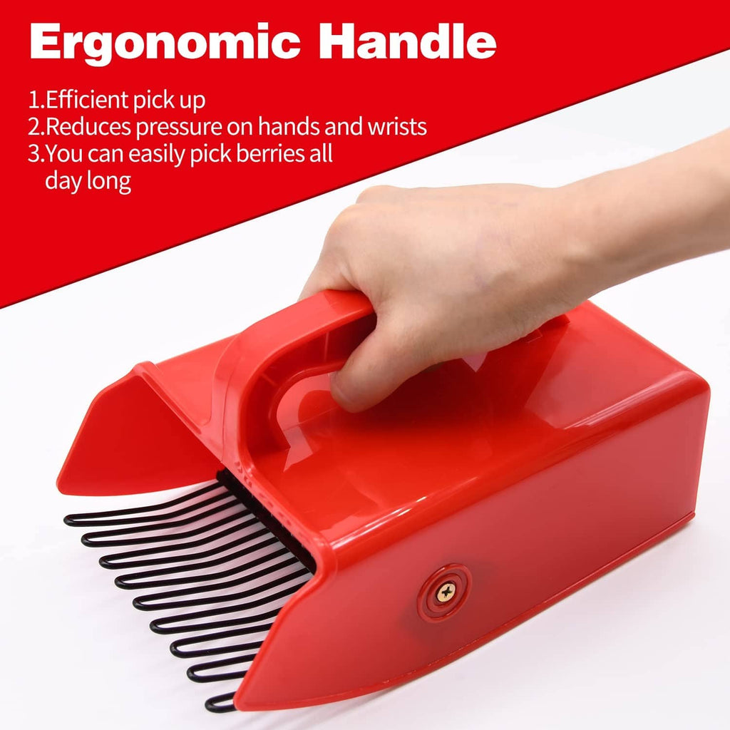 Red berry picker with ergonomic handle and metallic comb teeth