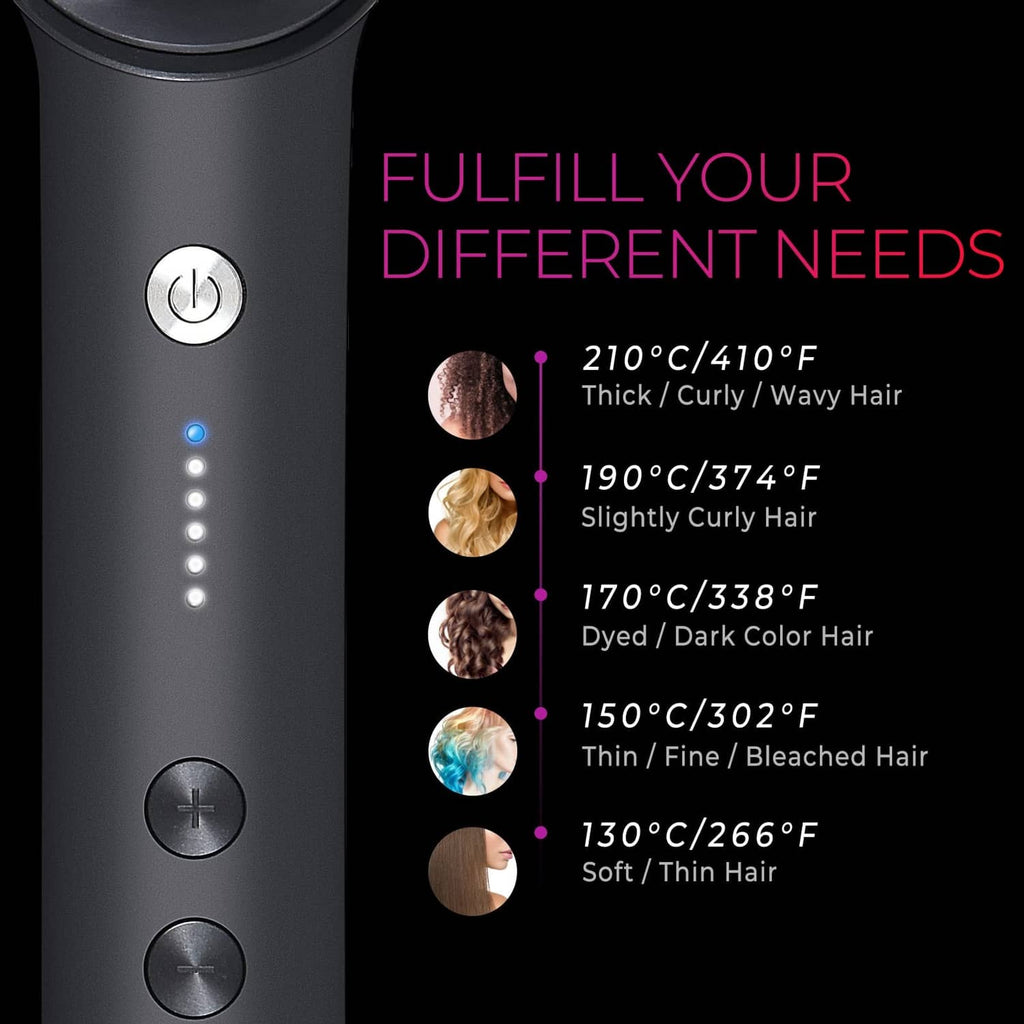 Black hair straightener brush with power button and heat setting indicator lights