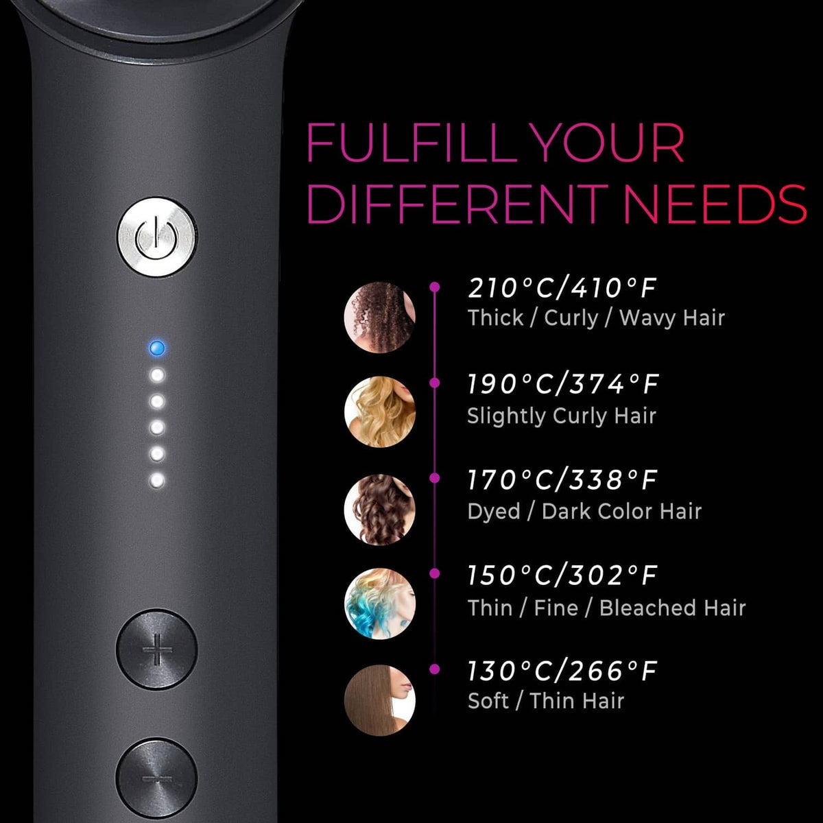 Black hair straightener brush with power button and heat setting indicator lights