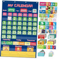 Blue classroom pocket calendar chart with 2025 date grid, month labels, and category pockets