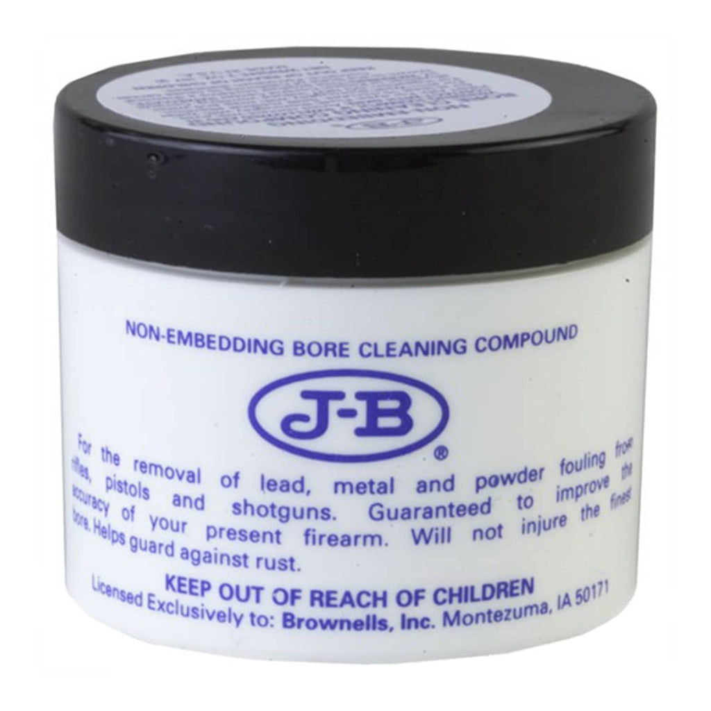 Non-embedding bore cleaning compound jar with black lid and white label, J-B branding