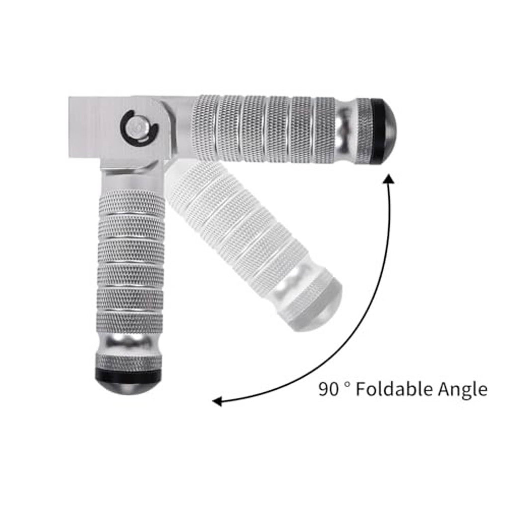 Silver folding foot peg angled at 90 degrees with textured grip and rubber end cap