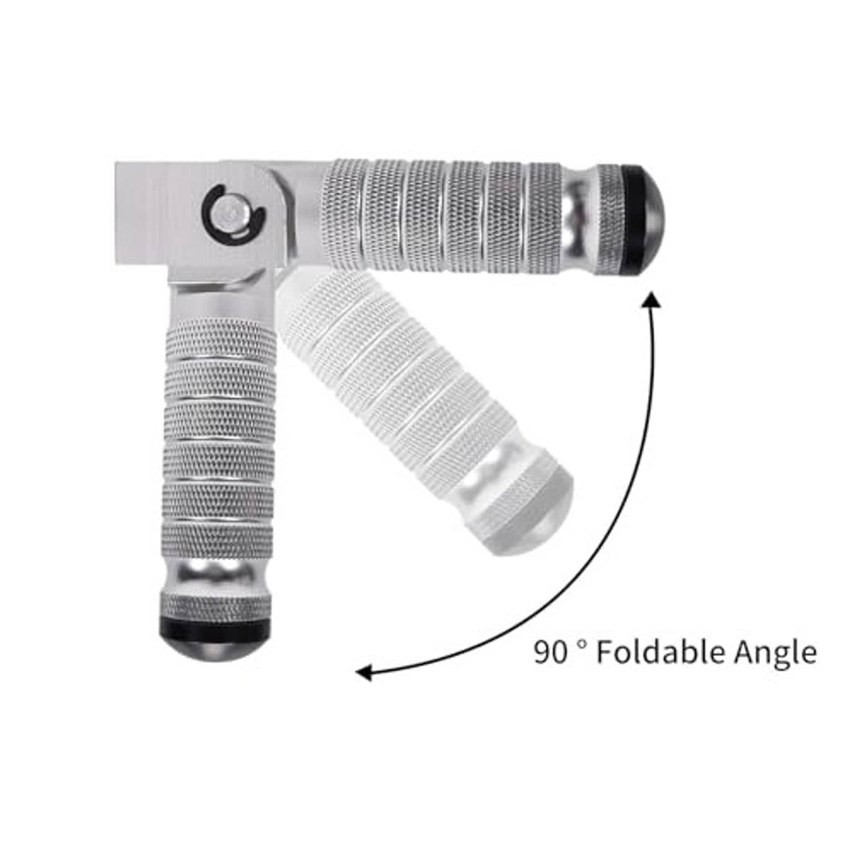 Silver folding foot peg angled at 90 degrees with textured grip and rubber end cap
