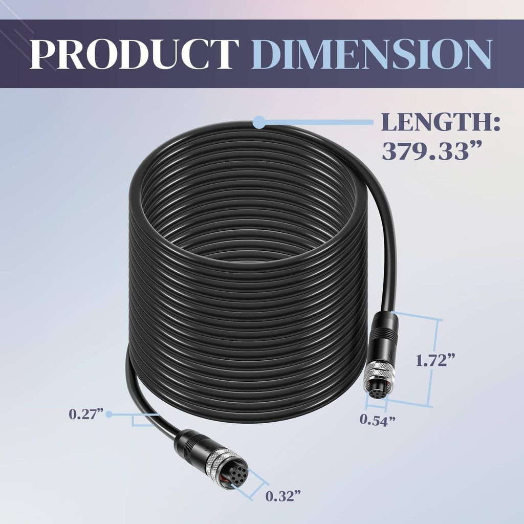 Boat Ethernet cable showing coiled black cord with product size dimensions