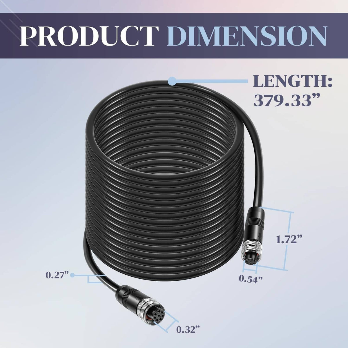 Boat Ethernet cable showing coiled black cord with product size dimensions
