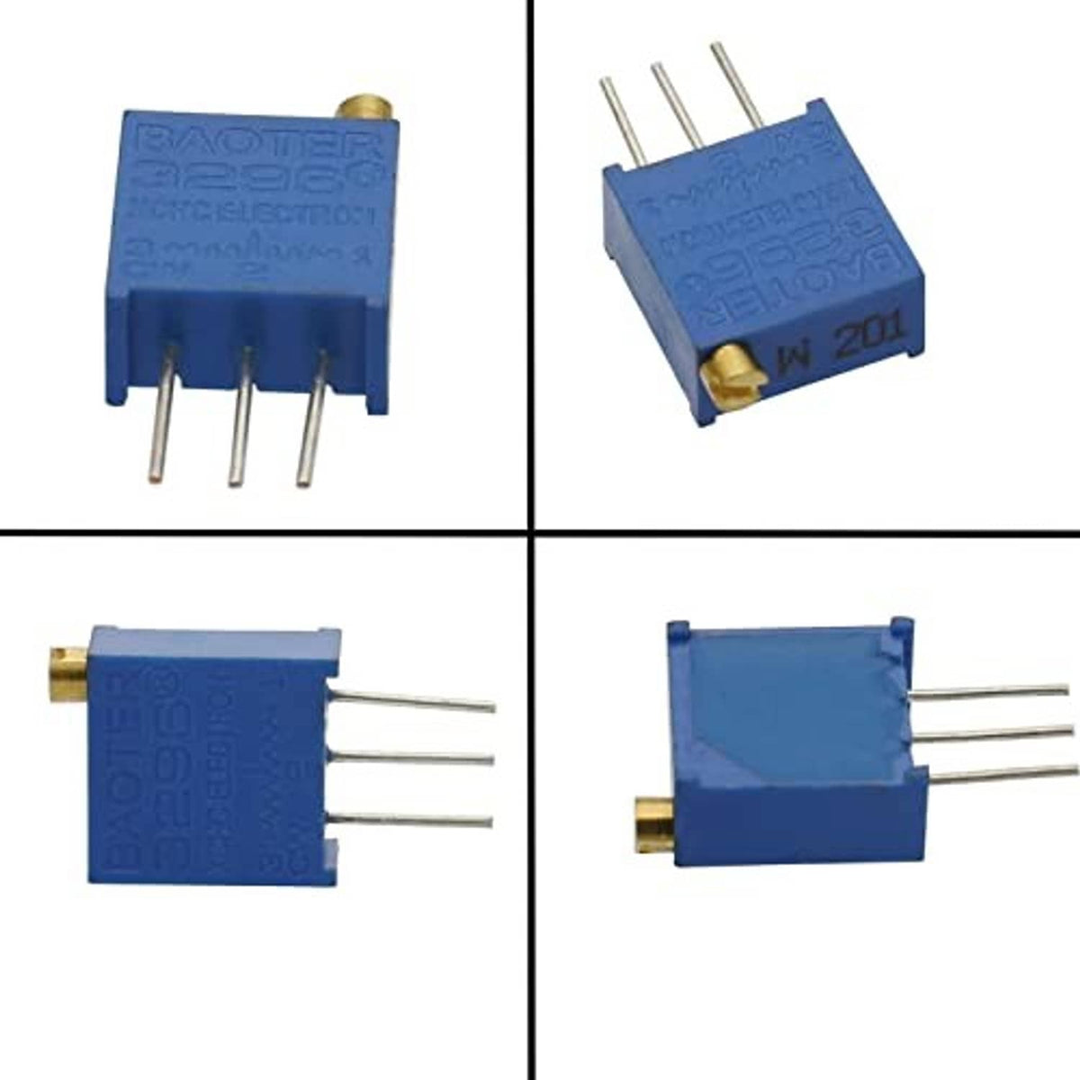 Blue multiturn trimmer potentiometer modules with gold adjustment pins and leads