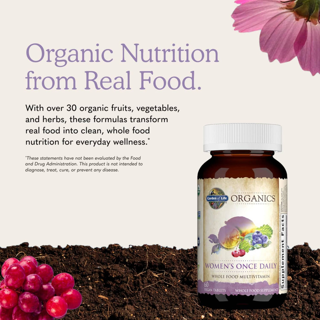 Organic women’s multivitamin bottle with white cap and fruit-and-flower label