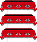 Racing car tablecloth set on tables, red field, black stripe, and checkered racing flags