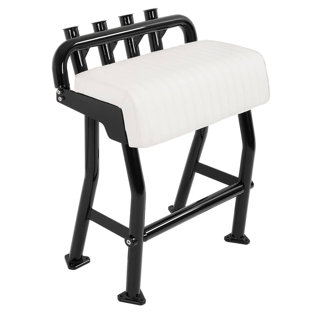 Leaning post boat seat with white cushion and black frame, four rod holders (side view)