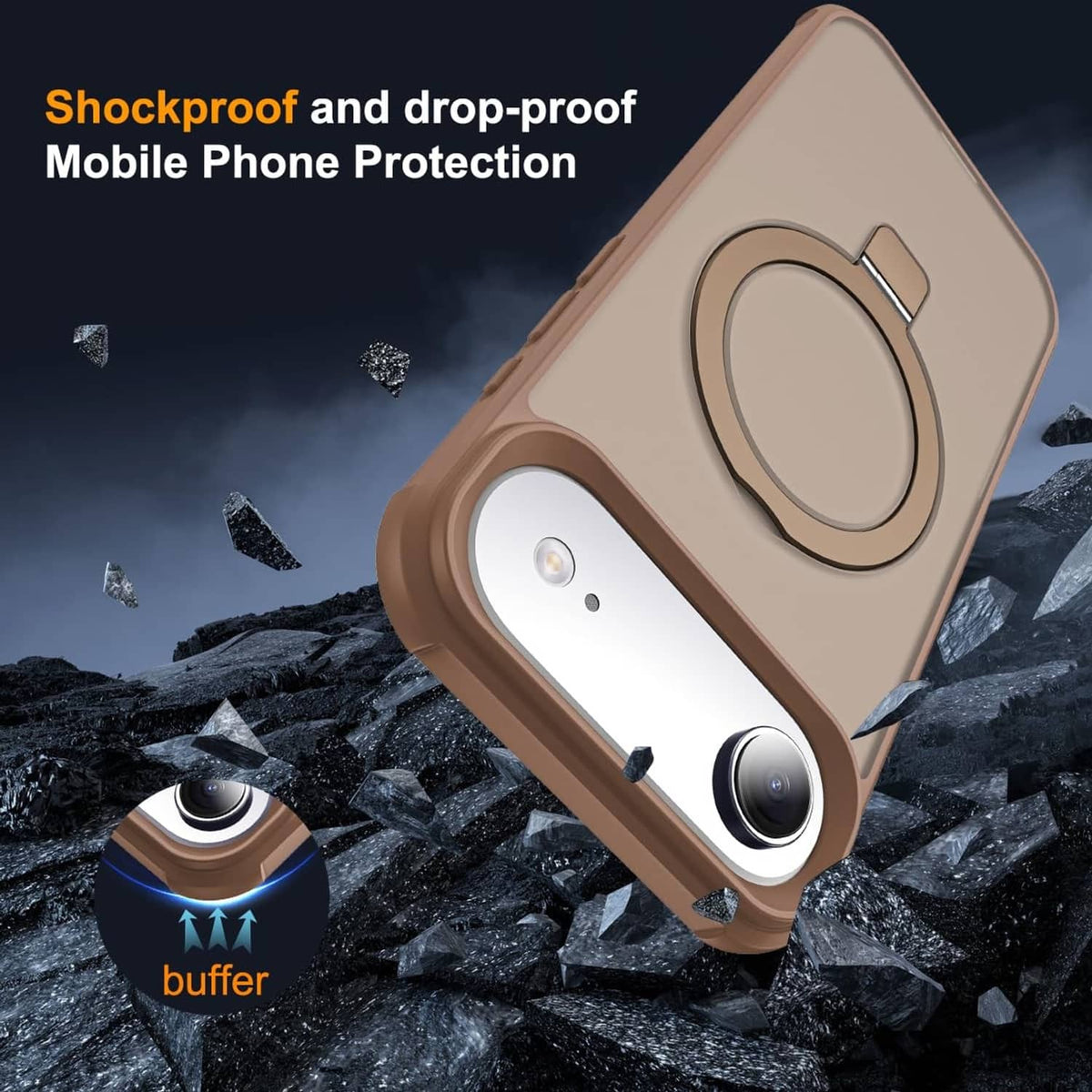 Rugged desert brown phone case with circular ring holder and reinforced camera corner