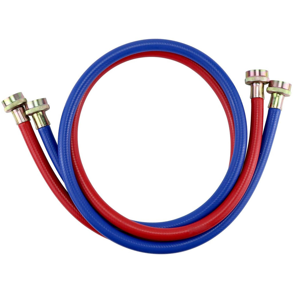Washer water hoses looped in blue and red with brass threaded end fittings