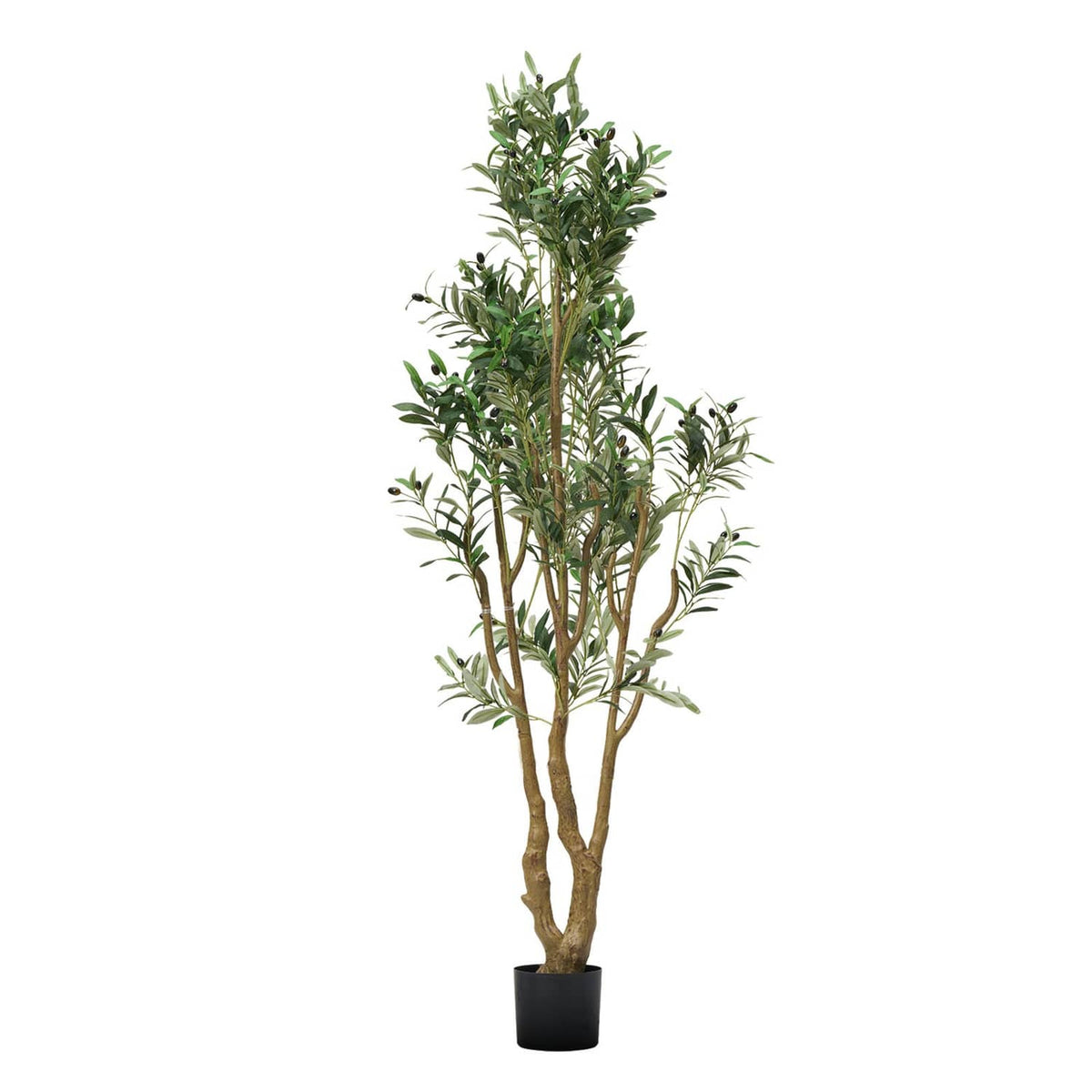 Artificial olive tree with green leaves in black pot, tall indoor decor