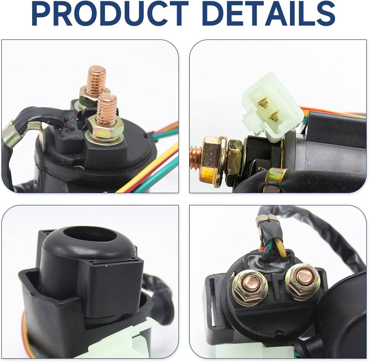 Solenoid starter relay detail view: brass screws, black housing, multicolor wiring