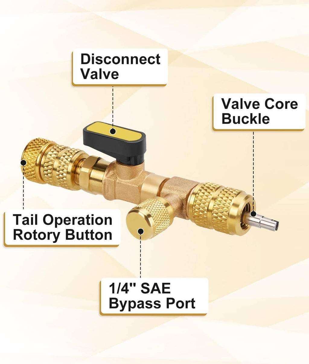 Brass valve core removal tool with black lever cap, tail rotary button, and fittings