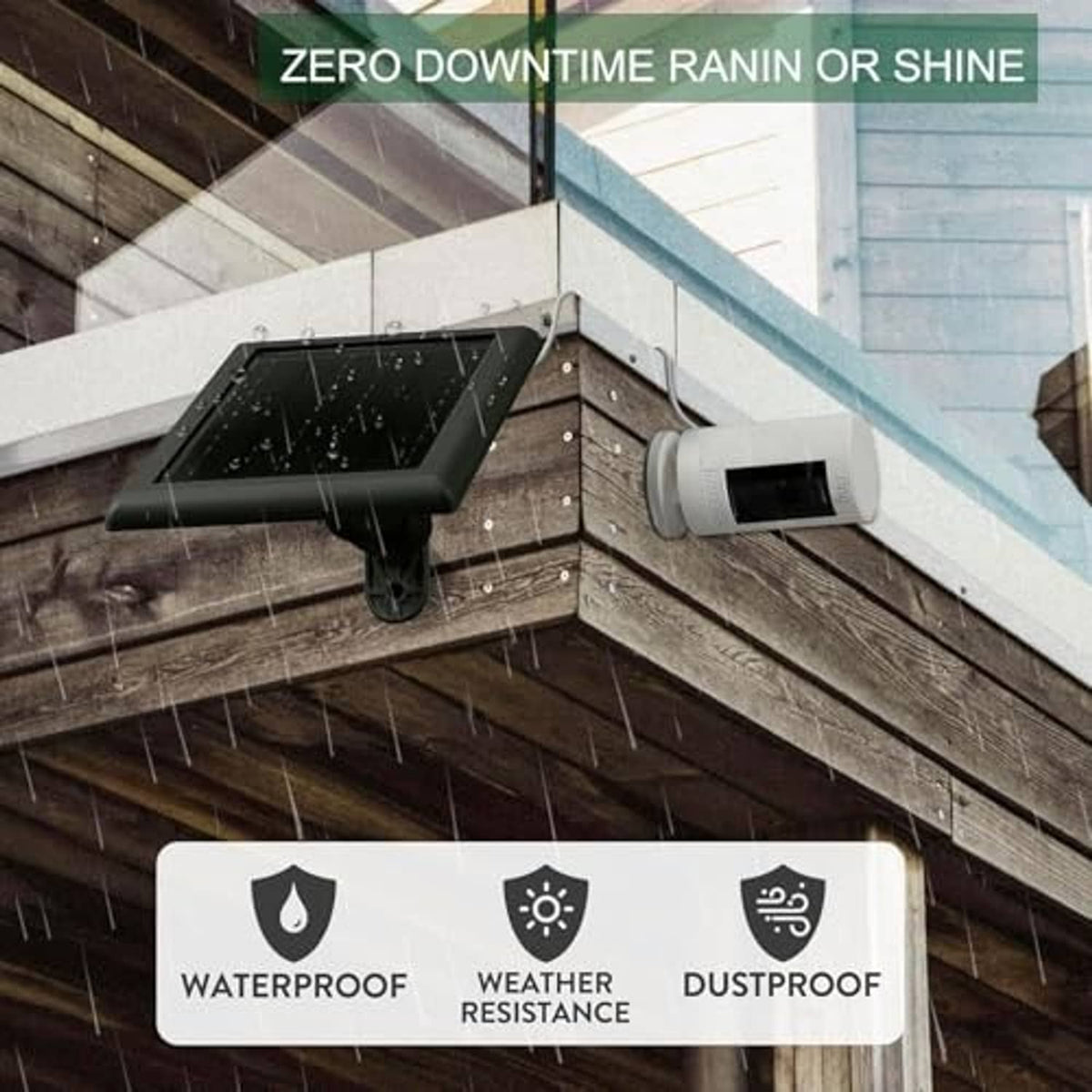 Outdoor corner-mounted solar panel charger with ring spotlight holder and cable