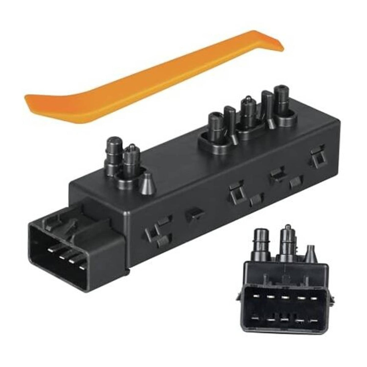 Power seat switch control module with orange lever, black body, multi-pin knob tops