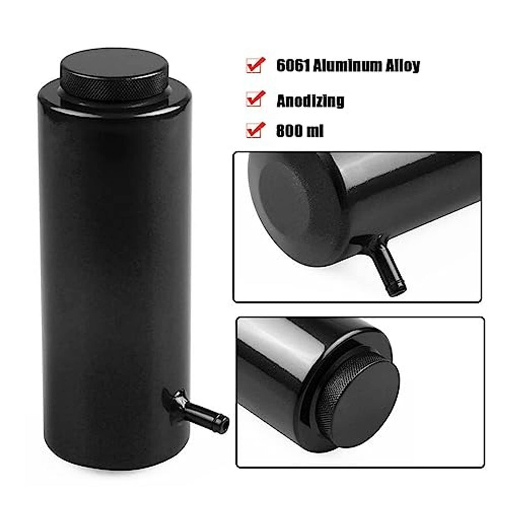 Black aluminum radiator overflow tank with threaded cap and side outlet tube
