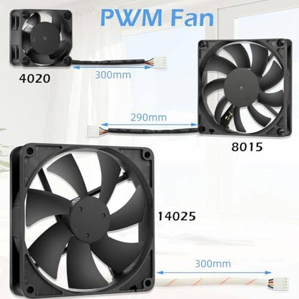 Black 40mm PWM fan with 4-pin connector cable and size labels for 4020