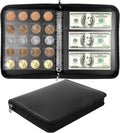 Coin collection album holder open, showing coin pockets with mixed gold and silver coins.