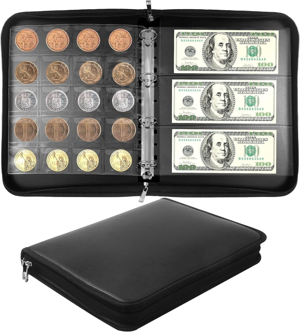 Coin collection album holder open, showing coin pockets with mixed gold and silver coins.
