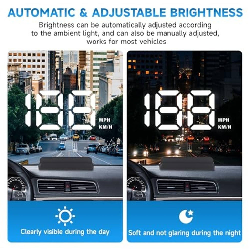 Black HUD speedometer with visible brightness adjustment for day and night viewing