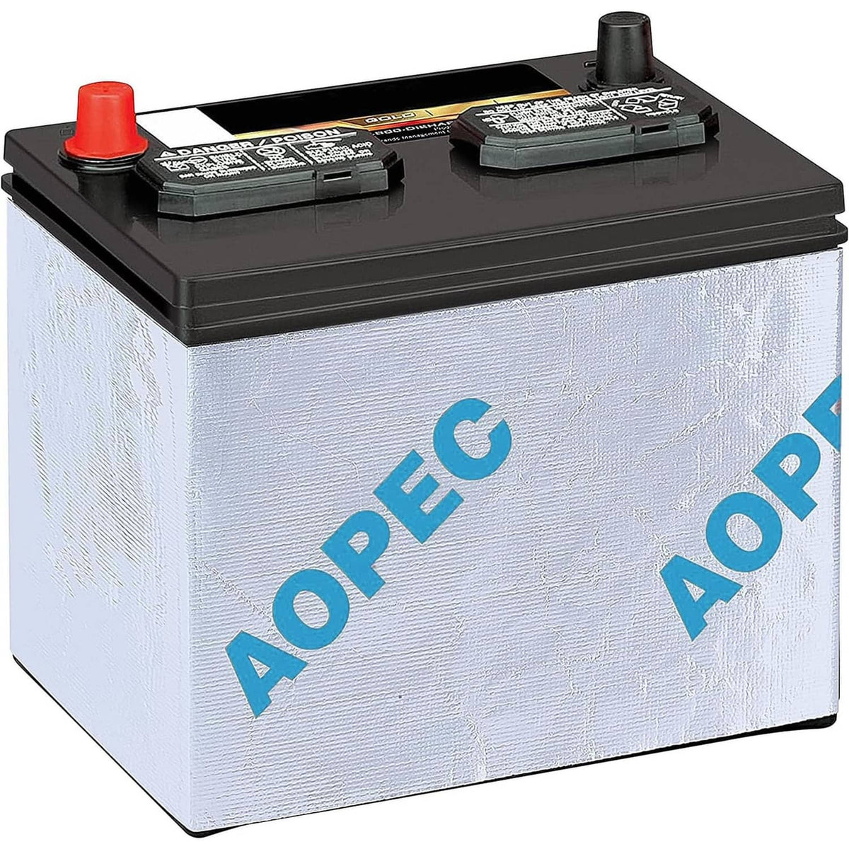 White battery insulation case with black terminals and top-mounted caps