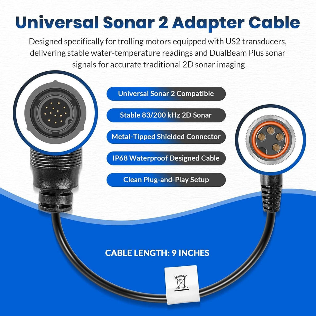 Universal sonar adapter cable with metal-tipped connector and molded plug ends.
