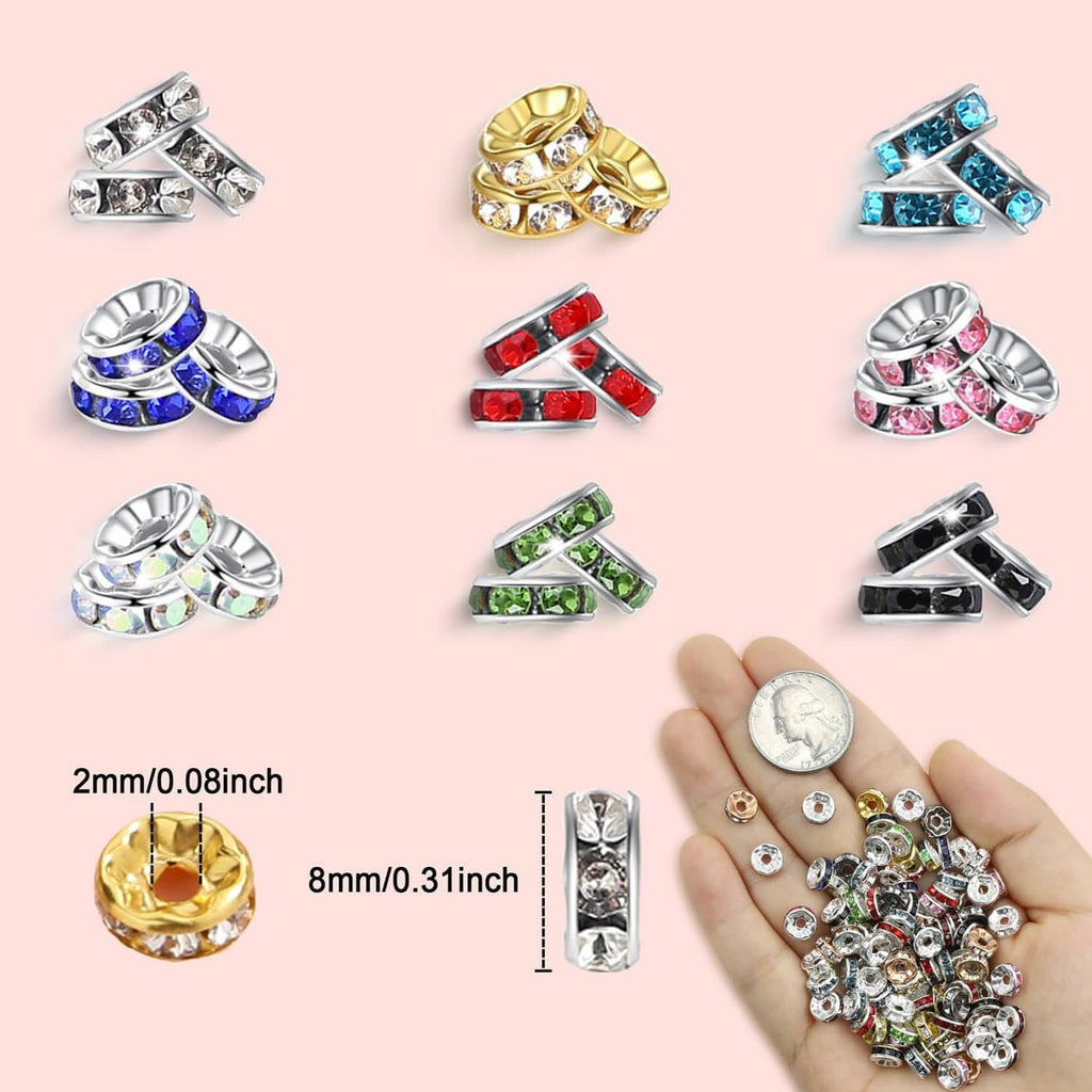 Assorted rhinestone rondelle spacer beads in silver and multicolor sets