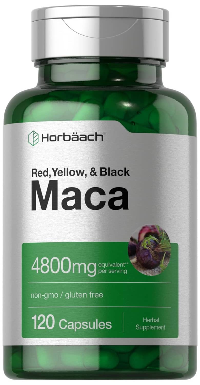 Horbäach Maca root capsules bottle, 120-count green bottle