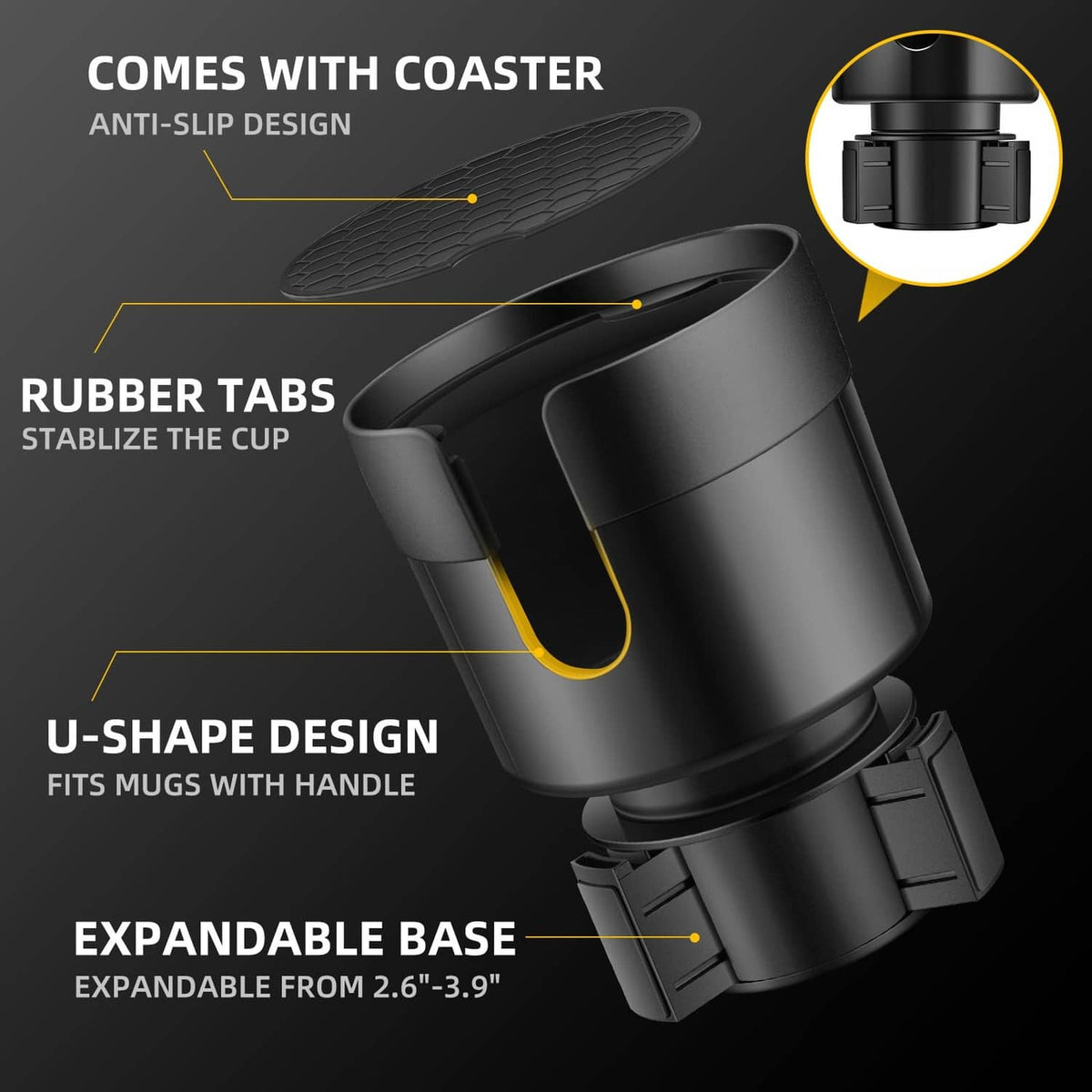 Black cup holder expander with rubber tabs and U-shaped grip