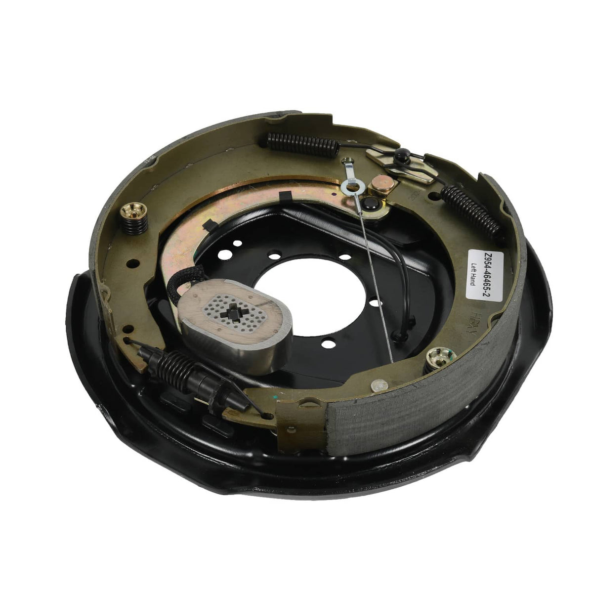 Electric trailer brake backing plate with actuator module, brake shoes, and suspension springs.