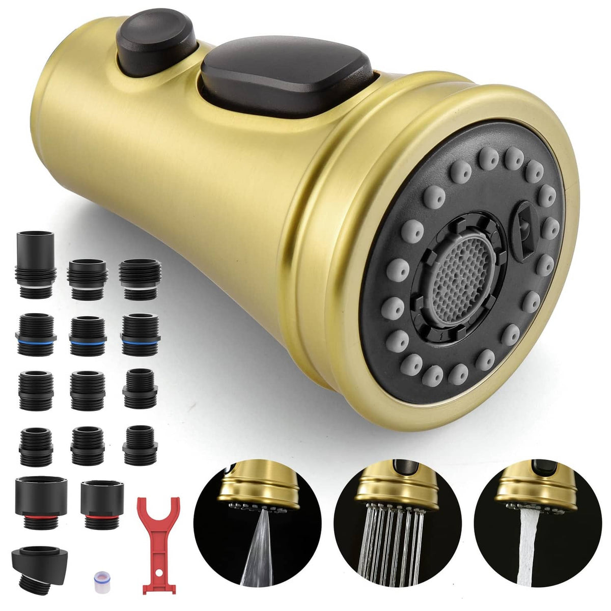 Brushed gold kitchen faucet spray head replacement with multiple adapter pieces