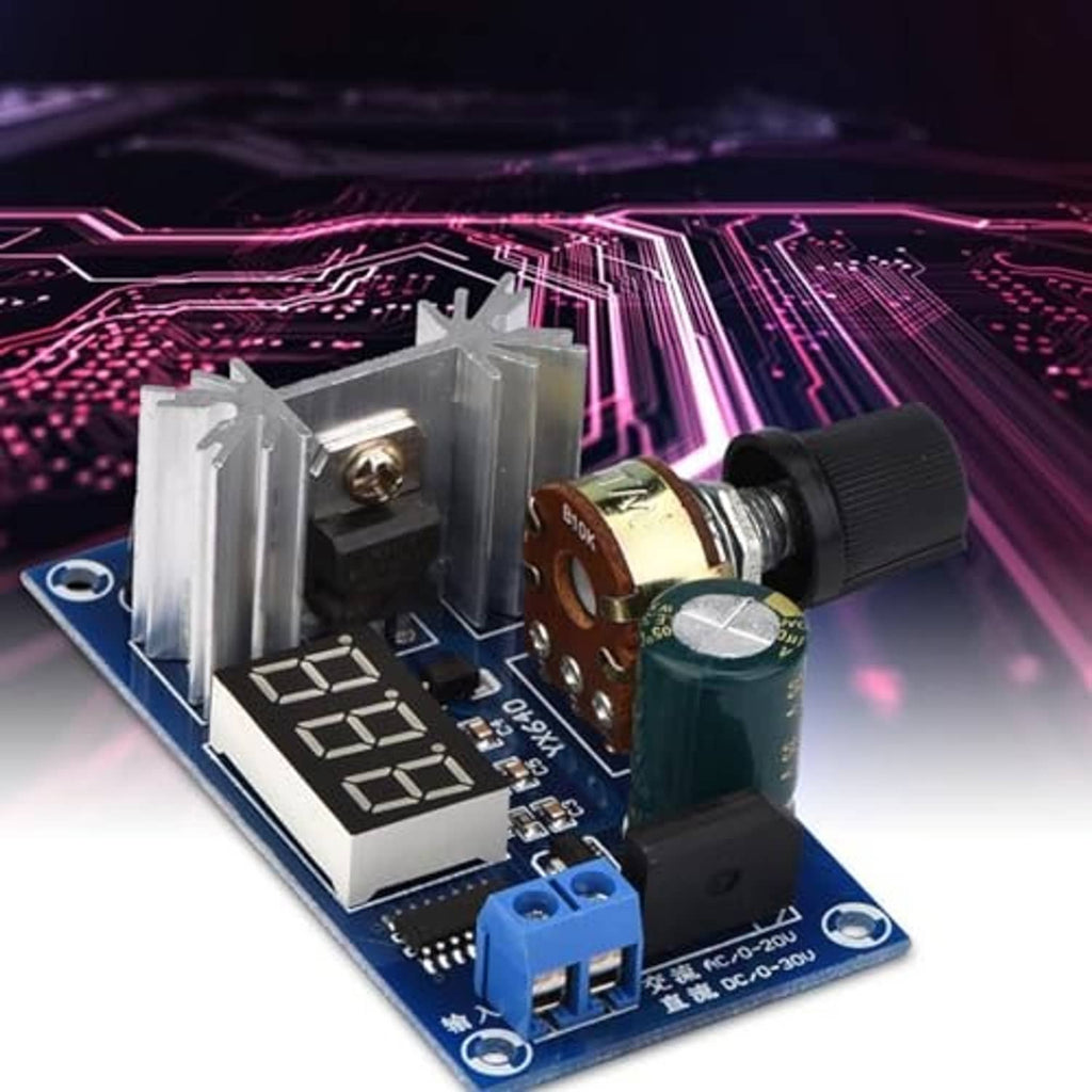 Voltage regulator module with heatsink, LED display panel, and adjustable black control knob