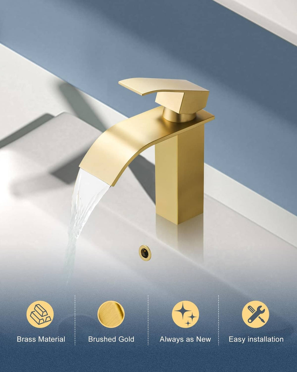 Brushed gold sink overflow ring with four corner tabs and raised circular bezel