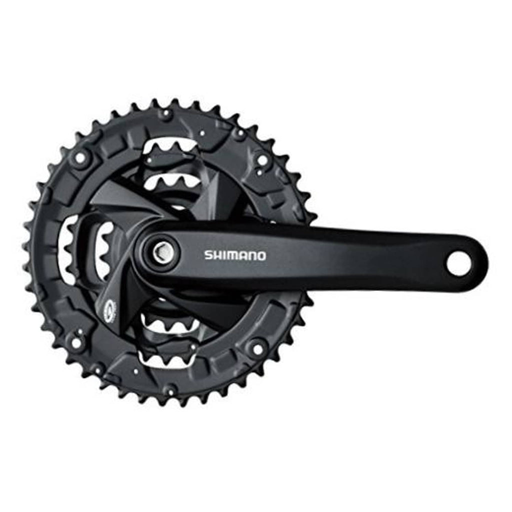 Bike front triple chainring crankset with black Shimano crank arm and sprocket