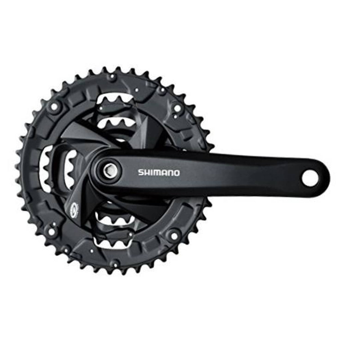 Bike front triple chainring crankset with black Shimano crank arm and sprocket