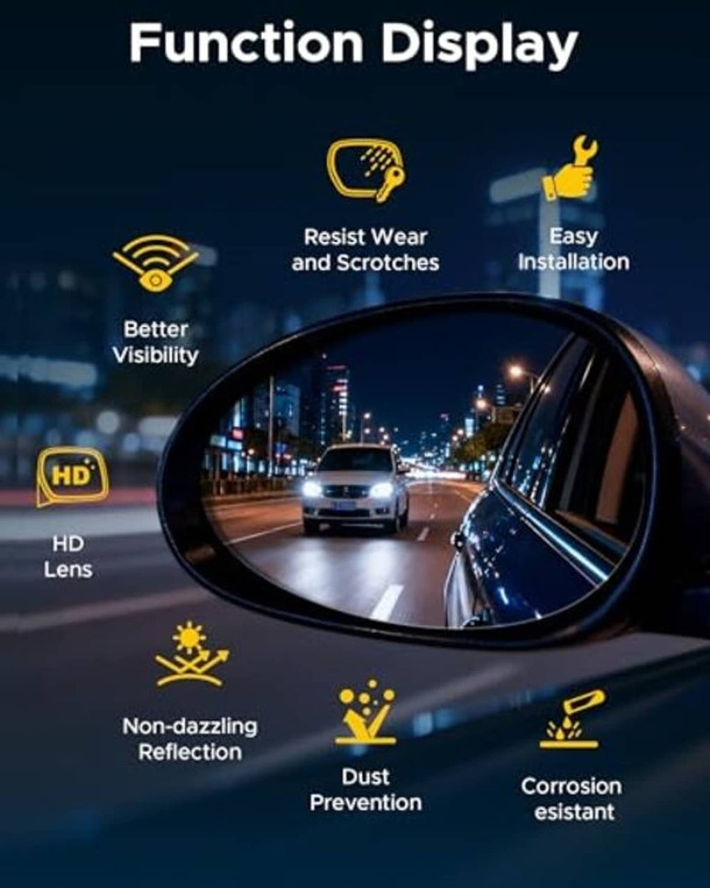 Oval mirror glass lens reflecting a road scene