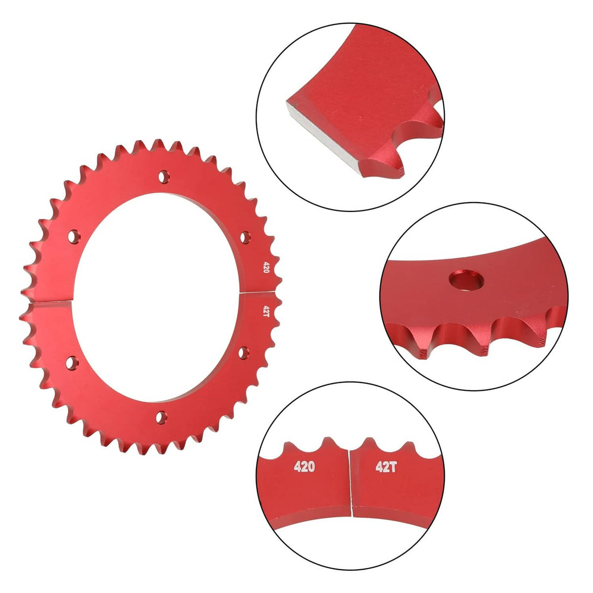 Red 42T split sprocket gear with mounting holes, detail views shown