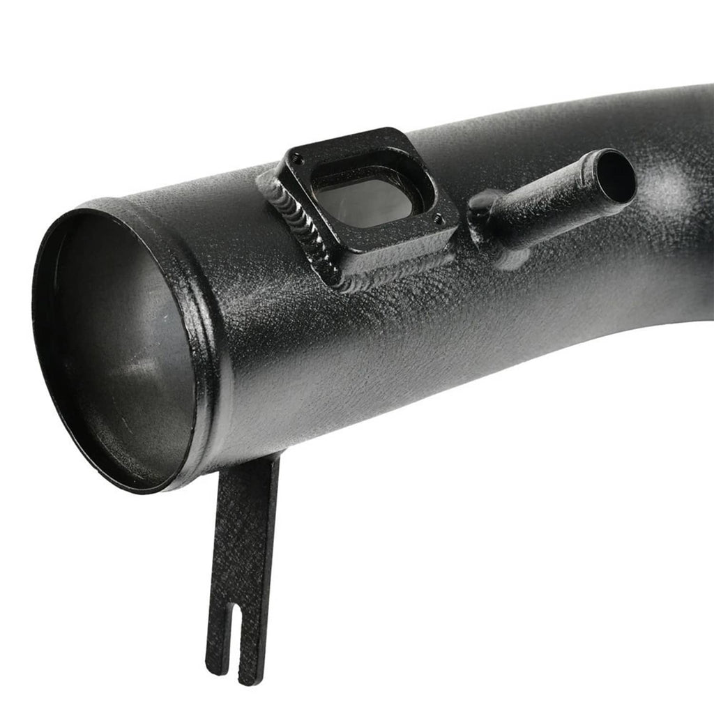 Black intake tube with mounting tab and side port for cold air intake system