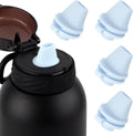 Black water bottle lid with light blue bite valve and four replacement valve pieces