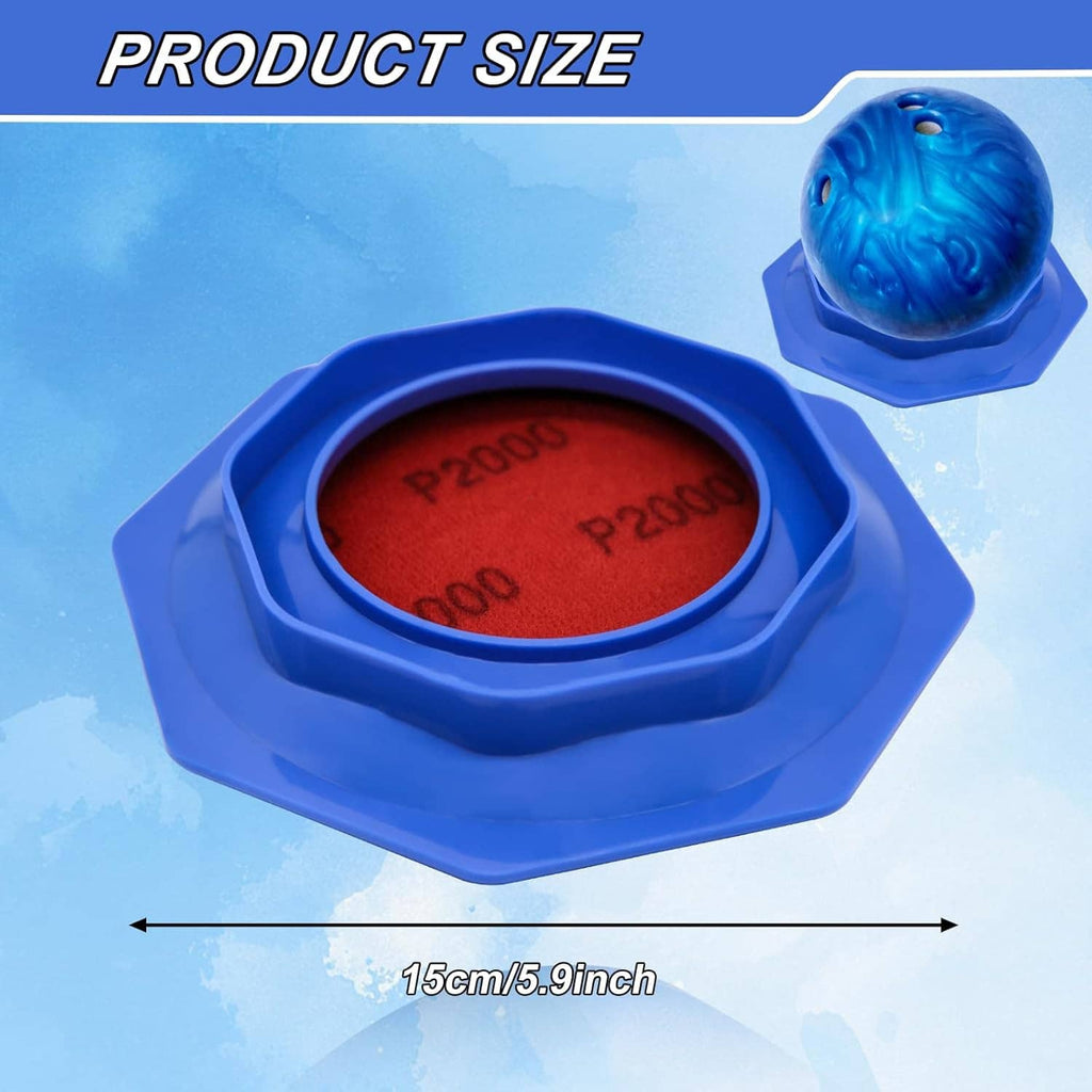 Blue bowling ball sanding pad holder with red sandpaper pad and octagonal grip ring