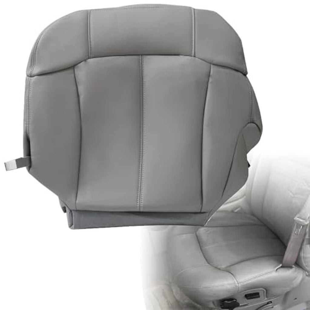Gray leather front seat cover with headrest, center panel seams, and side bolsters.