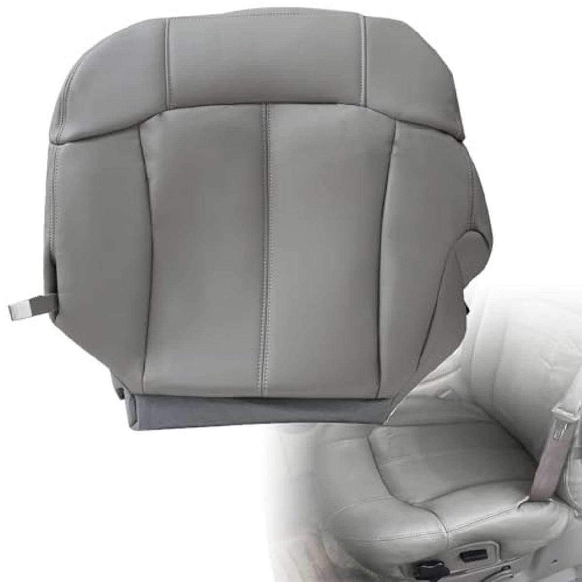 Gray leather front seat cover with headrest, center panel seams, and side bolsters.